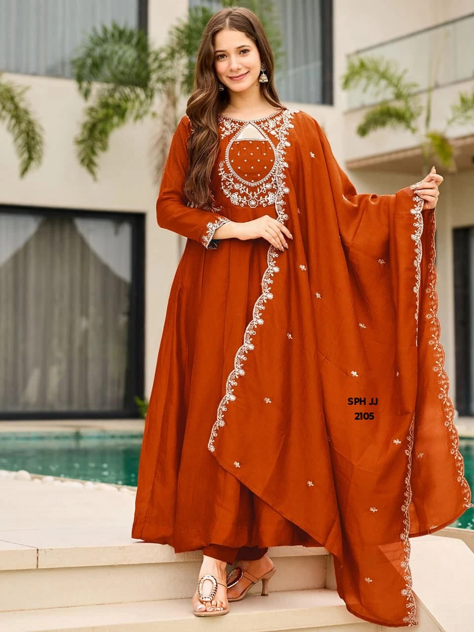Rust Orange Embroidered Anarkali Kurti Set – Rust Orange & Silver